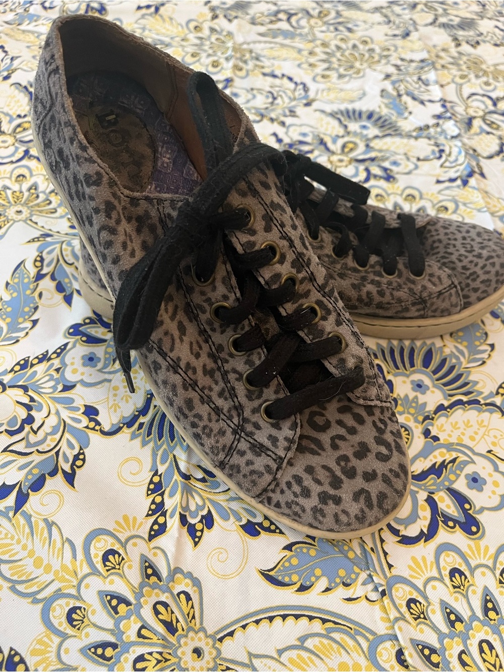 BORN - Sueded Leopard Print Lace-Up Sneakers - Gray